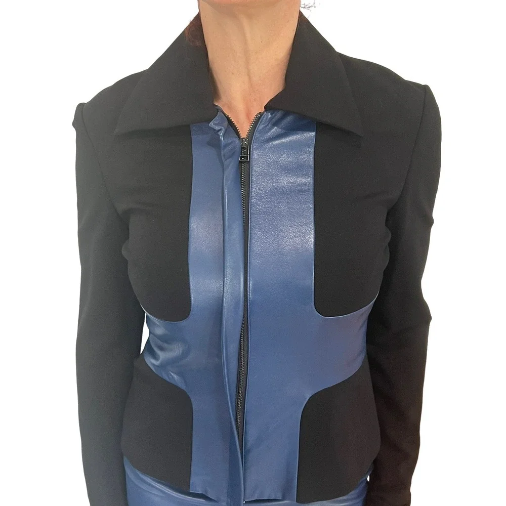 ROBERT RODRIGUEZ  SCUBA NAVY LEATHER COLORBLOCK MOTO JACKET SKIRT SUIT SET 2/4